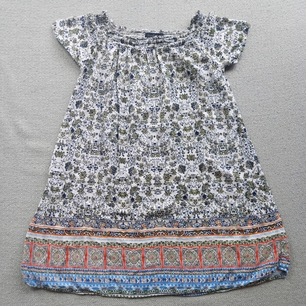 Derek Heart Dress Women S White Blue Boho Floral Smocked Off Shoulder Rayon Mini